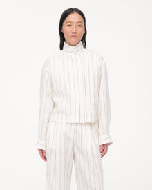 Another Tomorrow Mock Neck Pleat Shirt in Black/Off White – Linen Women's Top