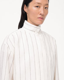 Another Tomorrow Mock Neck Pleat Shirt in Black/Off White – Linen Women's Top