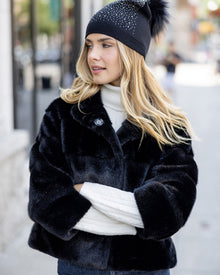 Knit Beanie Hat With Fur-Free Fox (Faux Fur) Pompom | Black/Black