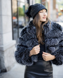 Knit Beanie Hat With Fur-Free Fox (Faux Fur) Pompom | Black Metallic/Black