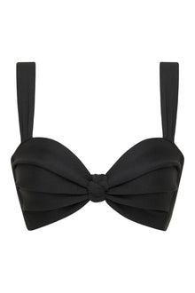 Black pleated bikini top with bow detail at center and adjustable shoulder straps.