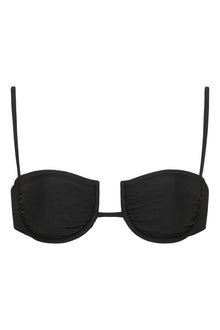 Black bikini top with structured cups, thin shoulder straps, and ruched side panels.