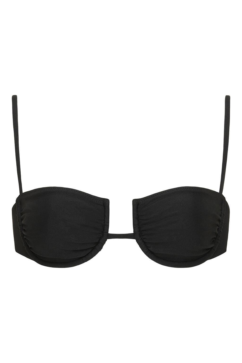 Black bikini top with structured cups, thin shoulder straps, and ruched side panels.