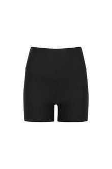 Black bike short with high waistband and center seam detail.