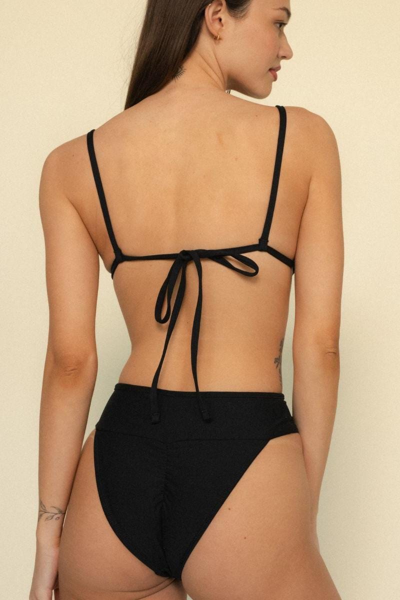 Black bikini bottom with high-waisted fit and tie-string back detail.