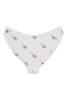 White bikini bottom with repeating tan scorpion print throughout.