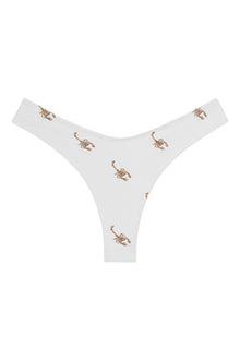 White bikini bottom with scattered tan scorpion embroidery and zig-zag stitching detail.