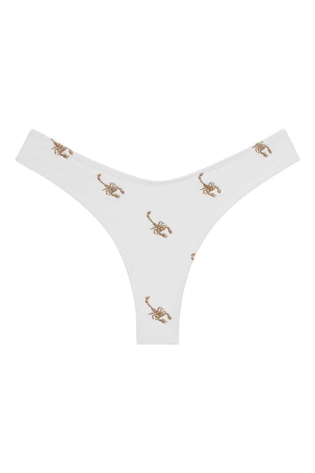 White bikini bottom with repeating brown scorpion embroidery and zig-zag stitch detailing.