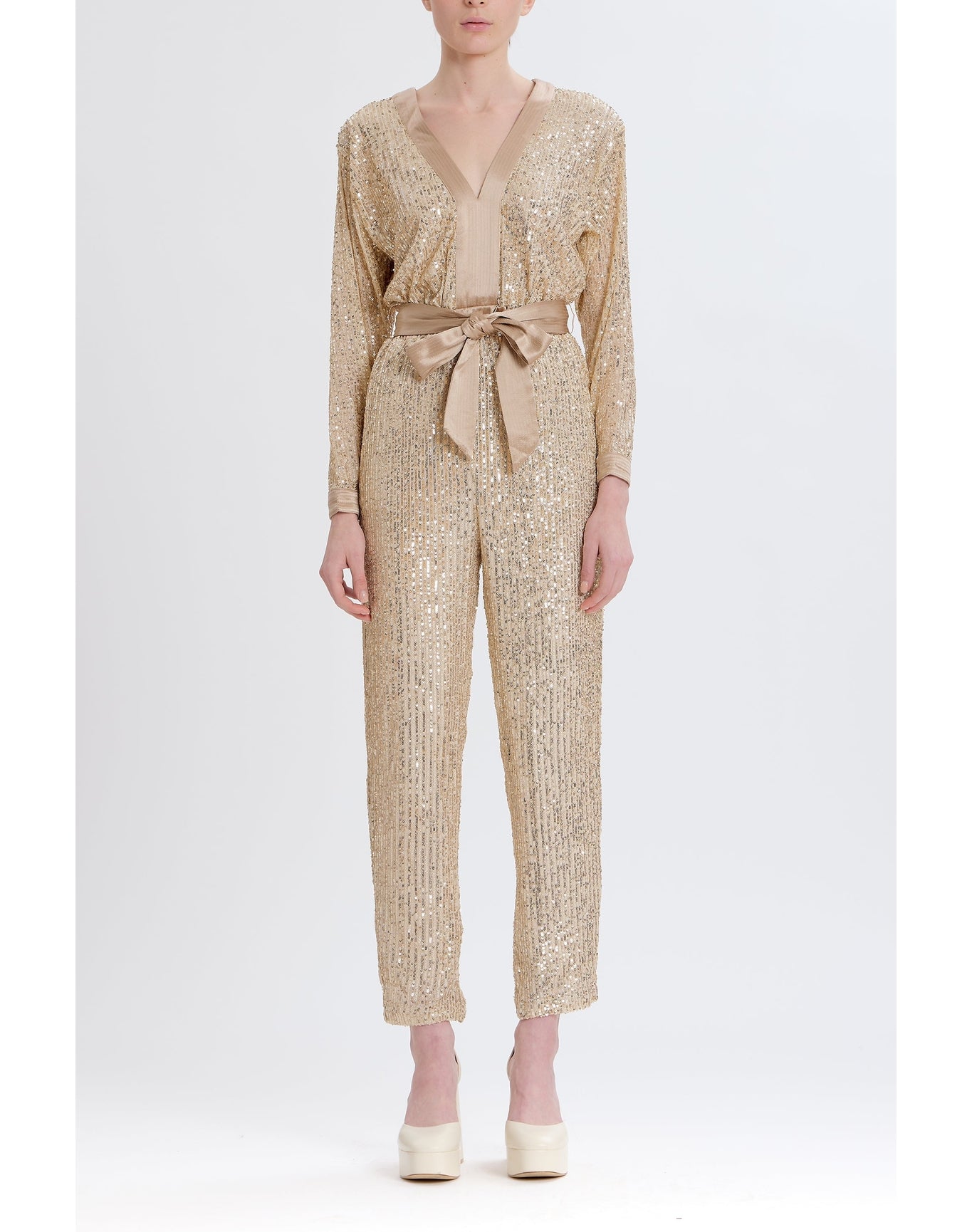 Sequin V-Neck Jumpsuit | Gold