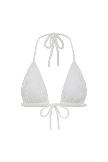 White triangle bikini top with textured fabric and adjustable tie straps at neck and back.