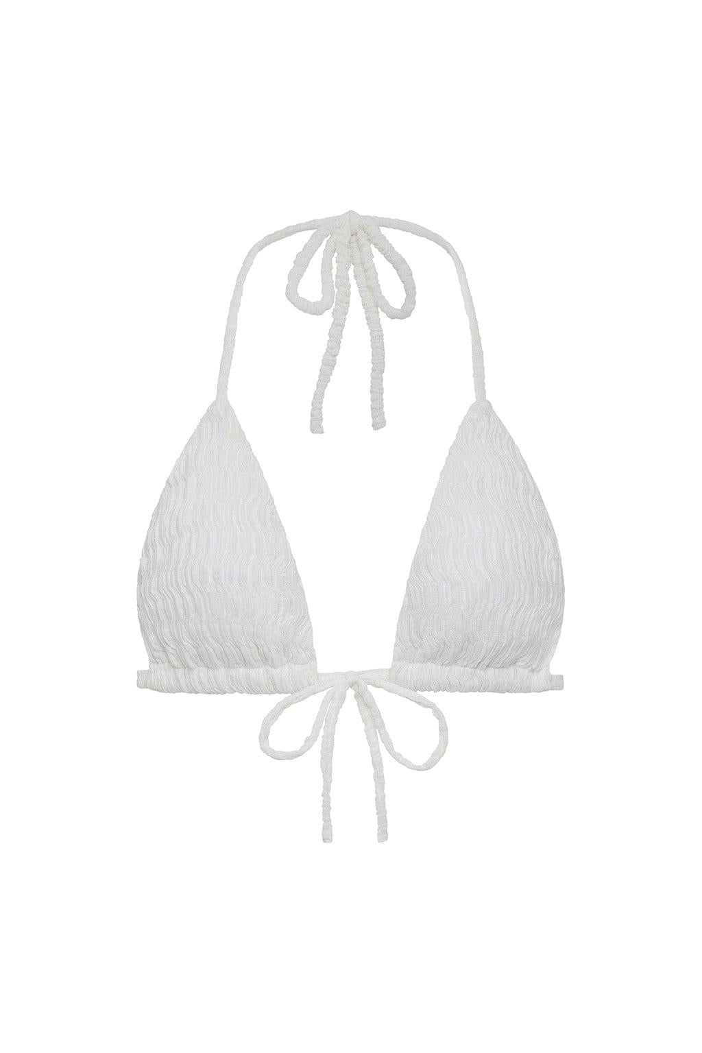 White triangle bikini top with textured fabric and adjustable tie straps at neck and back.
