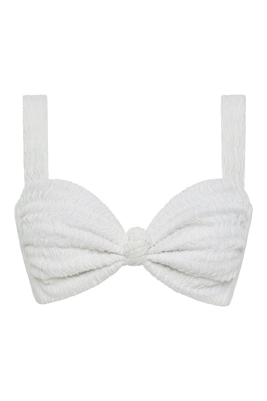 White textured bikini top with bow detail at center and adjustable shoulder straps.