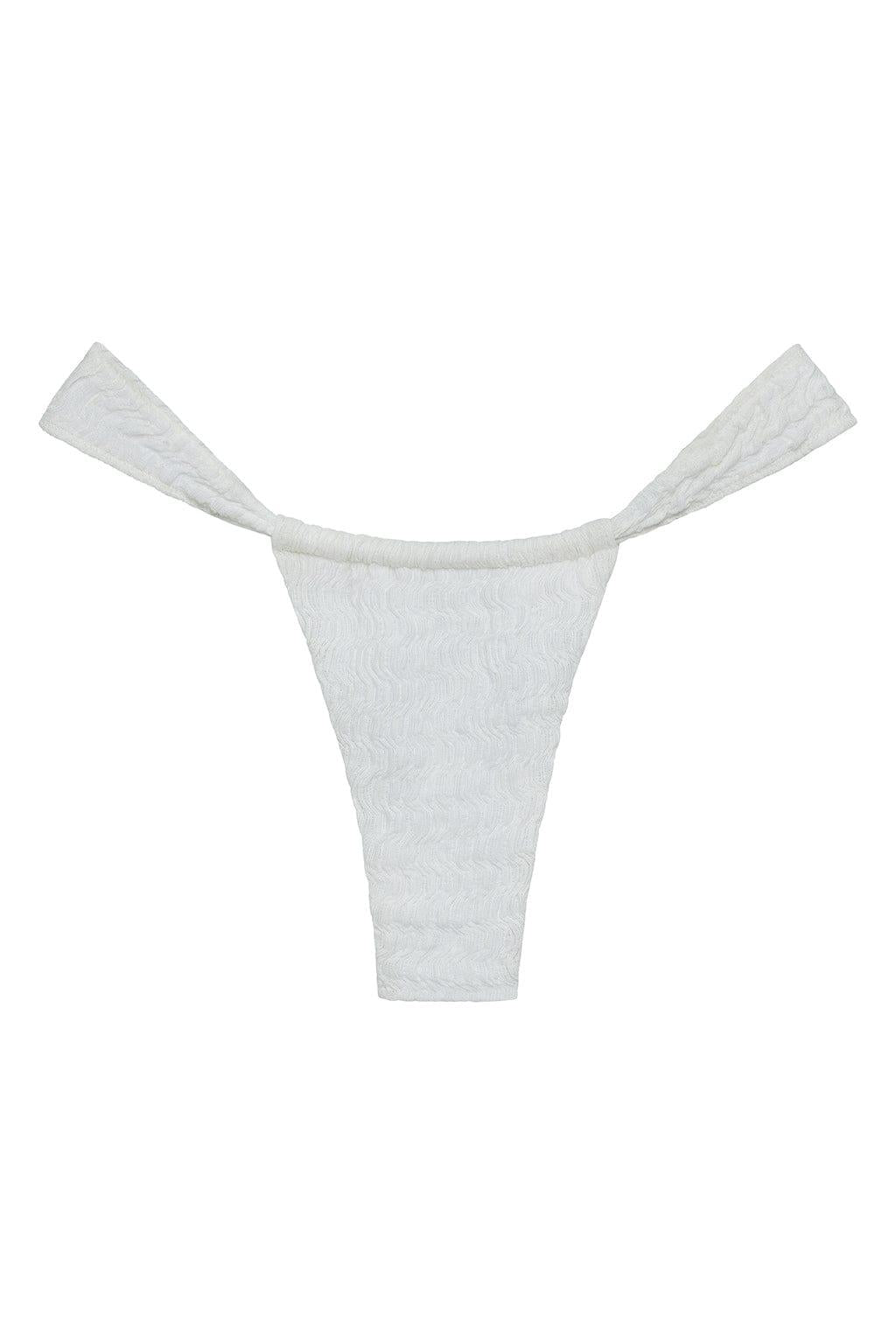 White textured bikini bottom with tie-side straps and wide leg openings.