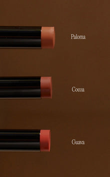 Three lip crayon tips on brown background labeled Paloma, Cocoa, Guava