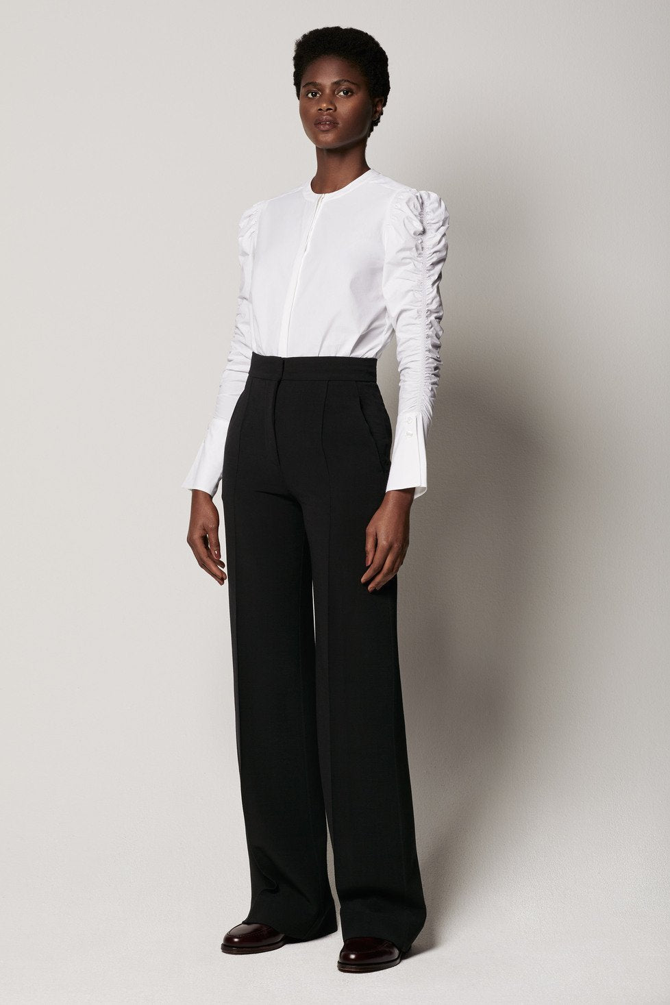 Another Tomorrow Shirred Sleeve Blouse in White – Cotton Women's Top