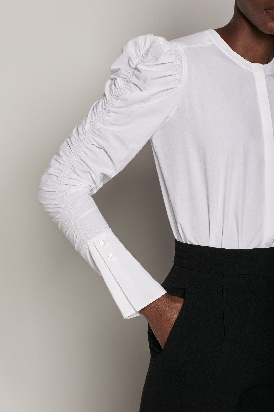 Another Tomorrow Shirred Sleeve Blouse in White – Cotton Women's Top