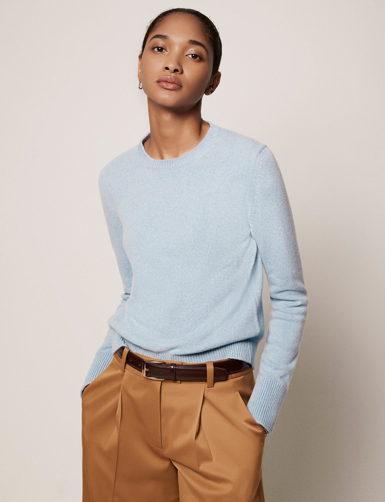 Another Tomorrow Classic Cashmere Crewneck in Light Blue – Cashmere Women's Knitwear