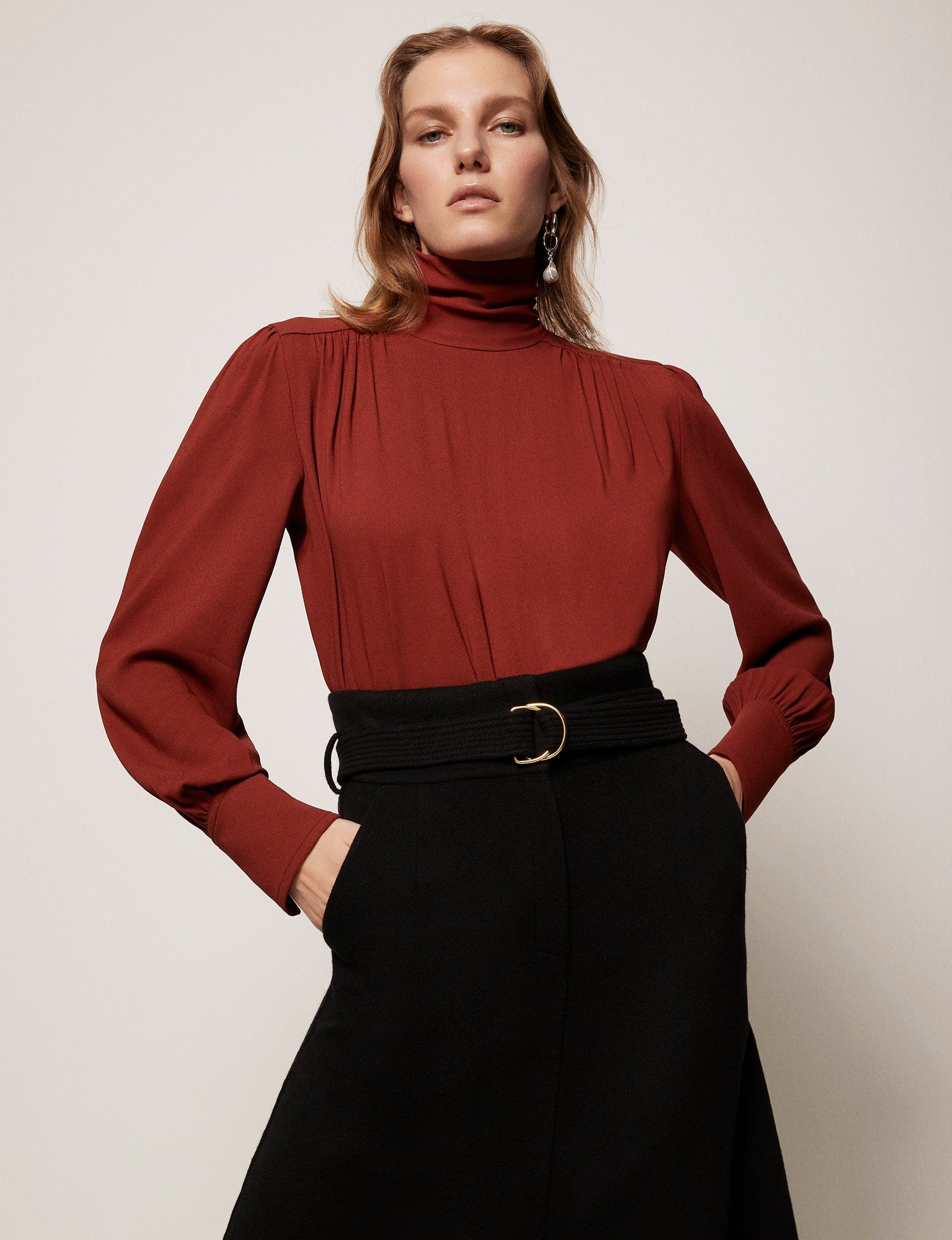 Another Tomorrow High Neck Blouse in Rust – Viscose Women's Top