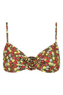 Bikini top with red, yellow, and white floral print, center ring detail, and adjustable straps.