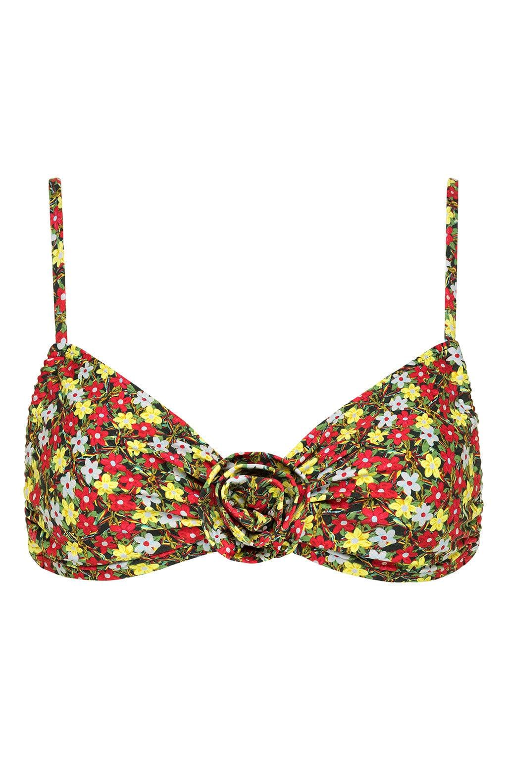 Bikini top with red, yellow, and white floral print, center ring detail, and adjustable straps.