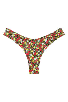 Red, yellow, and white floral print bikini bottom with high-cut legs and thong style.