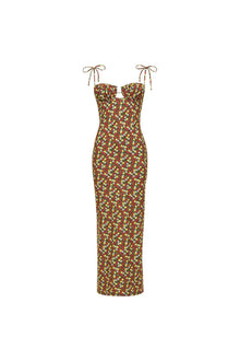 Long slip dress with small floral print in red, green, and yellow; sweetheart neckline and tie shoulder straps.