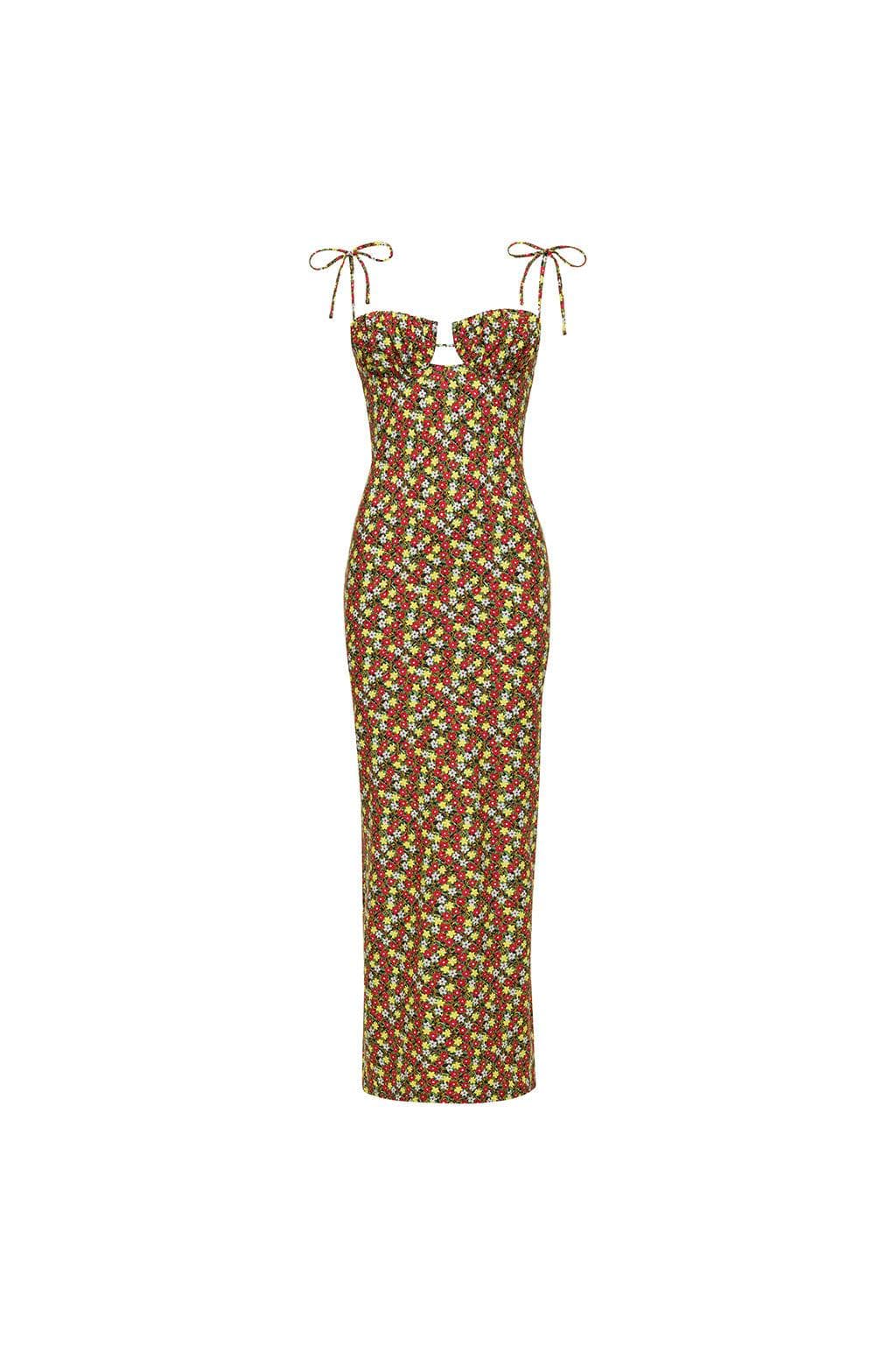 Long slip dress with small floral print in red, green, and yellow; sweetheart neckline and tie shoulder straps.