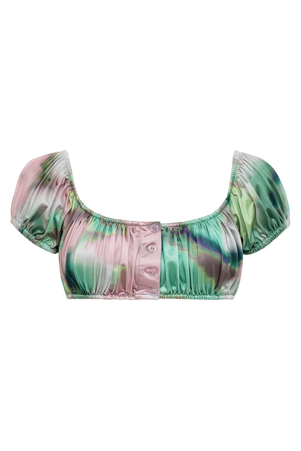 Bandita bikini top with tie-dye pattern in pink and green, puffed short sleeves, and button front closure.
