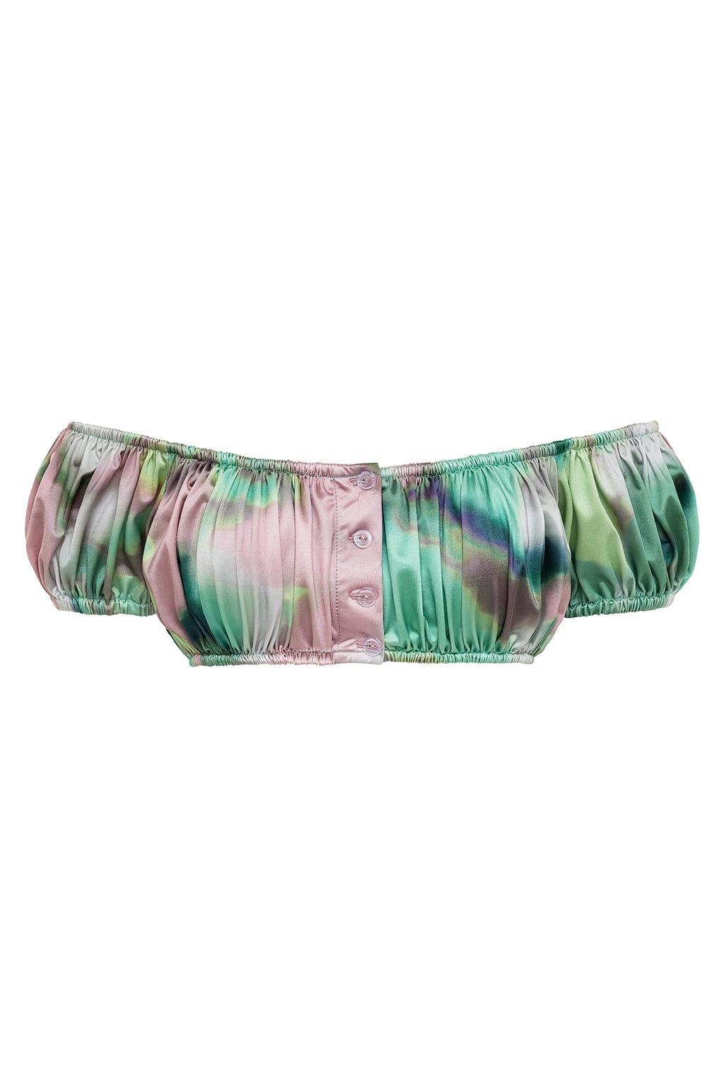 Bandita bikini top with watercolor tie-dye pattern in pink, green, and gray tones, featuring puffed sleeves and button center