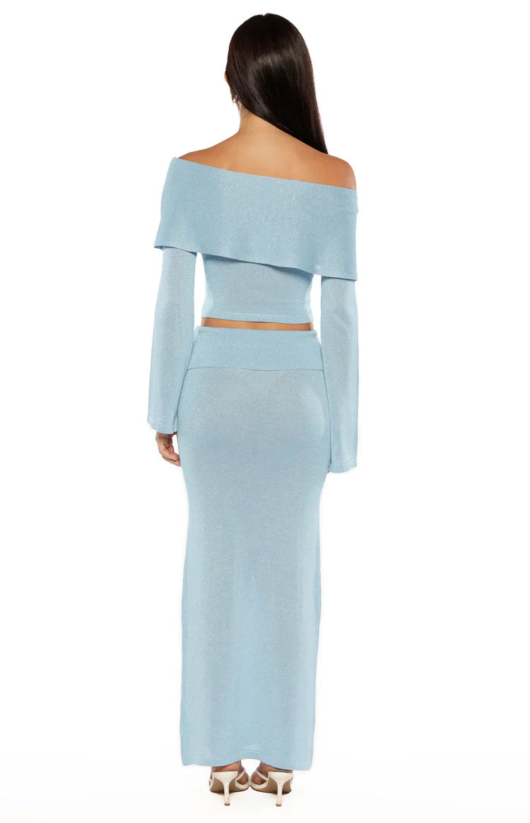 Simona Long Sleeve Off Shoulder Knit Top | Blue