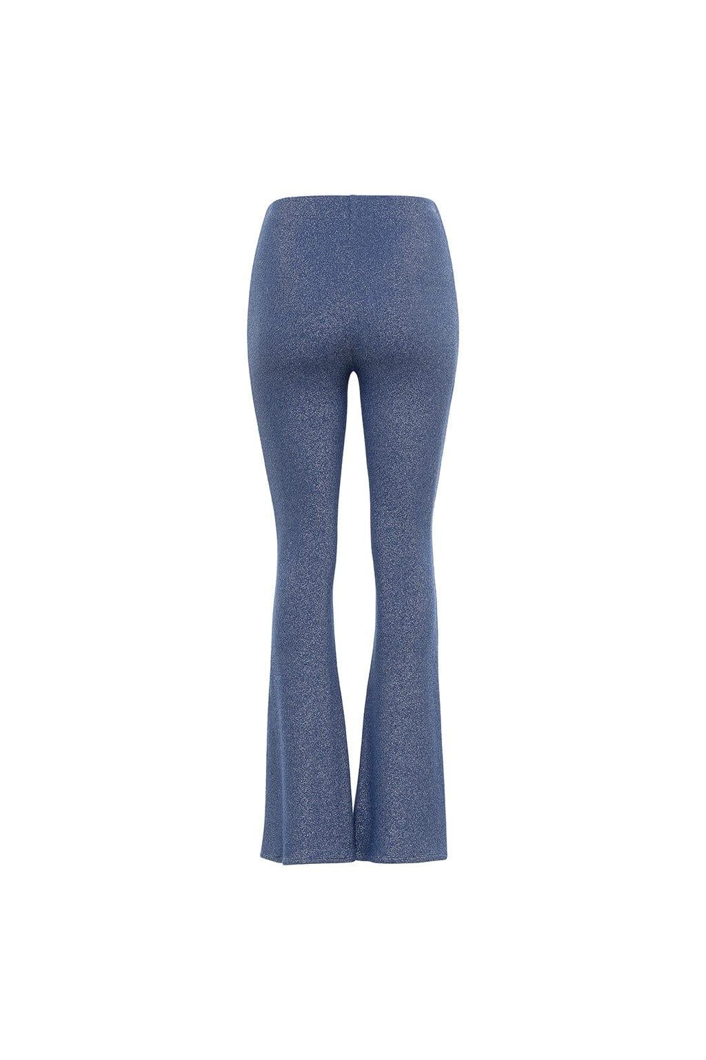 Blue sparkle flare pants with high waist and wide legs, displayed on a neutral background.
