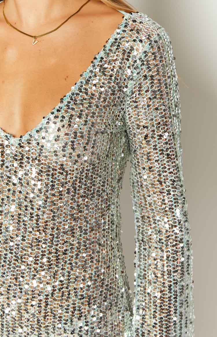 Stellar Shimmer Long Sleeve Mini Dress | Blue