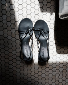 Black strappy flip flop sandal heels