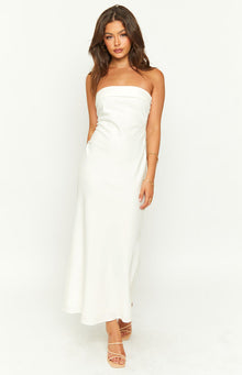 Cream strapless midi dress with a folded bandeau neckline and a flowing A-line skirt