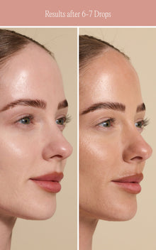 Results after 6-7 Drops — side-by-side before and after close-up of a woman's face showing bronzed tint