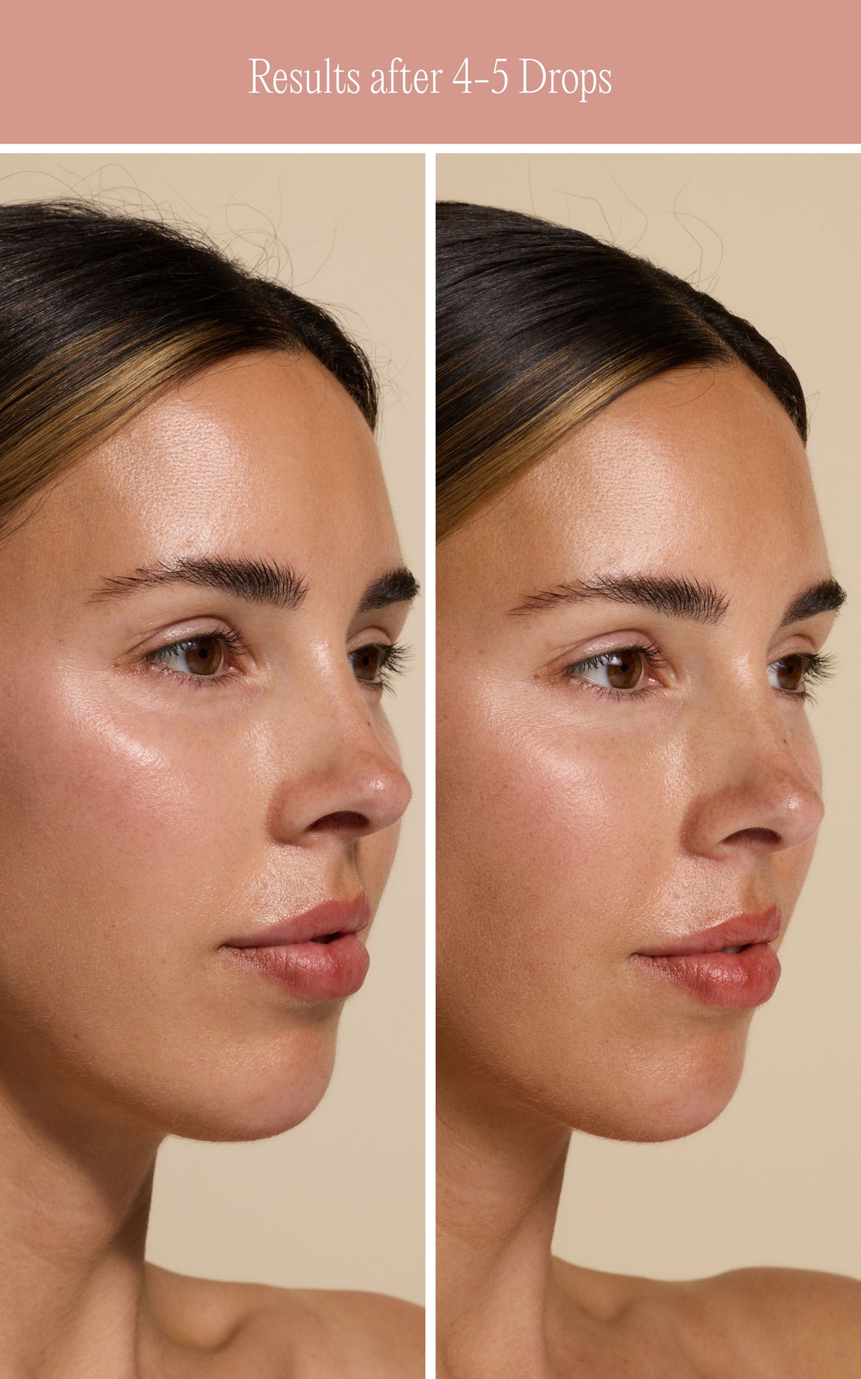 Before-and-after facial comparison — Results after 4-5 Drops showing bronze tanning face drops effect on skin.