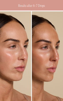 Before-and-after portrait: left before, right after using Sun Struck Tanning Face Drops — Results after 6-7 Drops