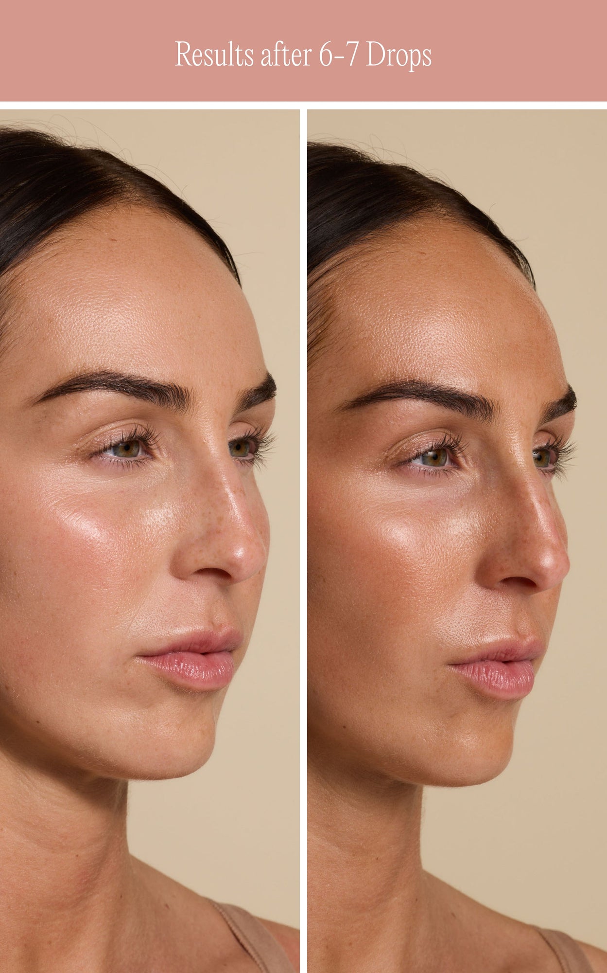 Before-and-after portrait: left before, right after using Sun Struck Tanning Face Drops — Results after 6-7 Drops