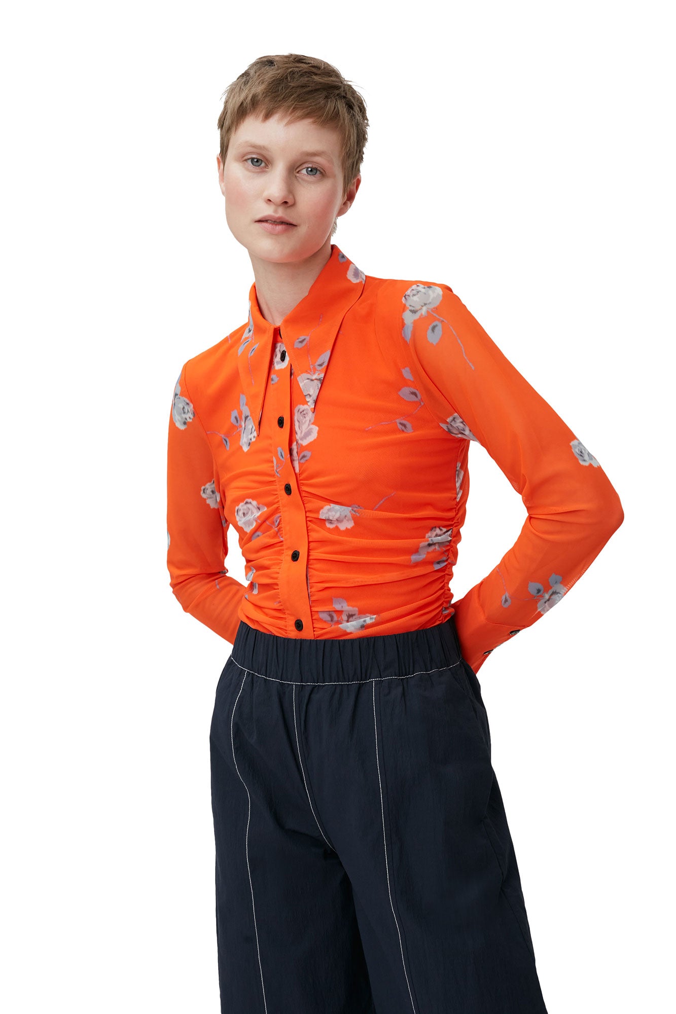 Printed Mesh Ruched Shirt | Orangeade