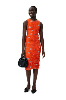 Printed Ruched Mesh Midi Dress | Orangeade