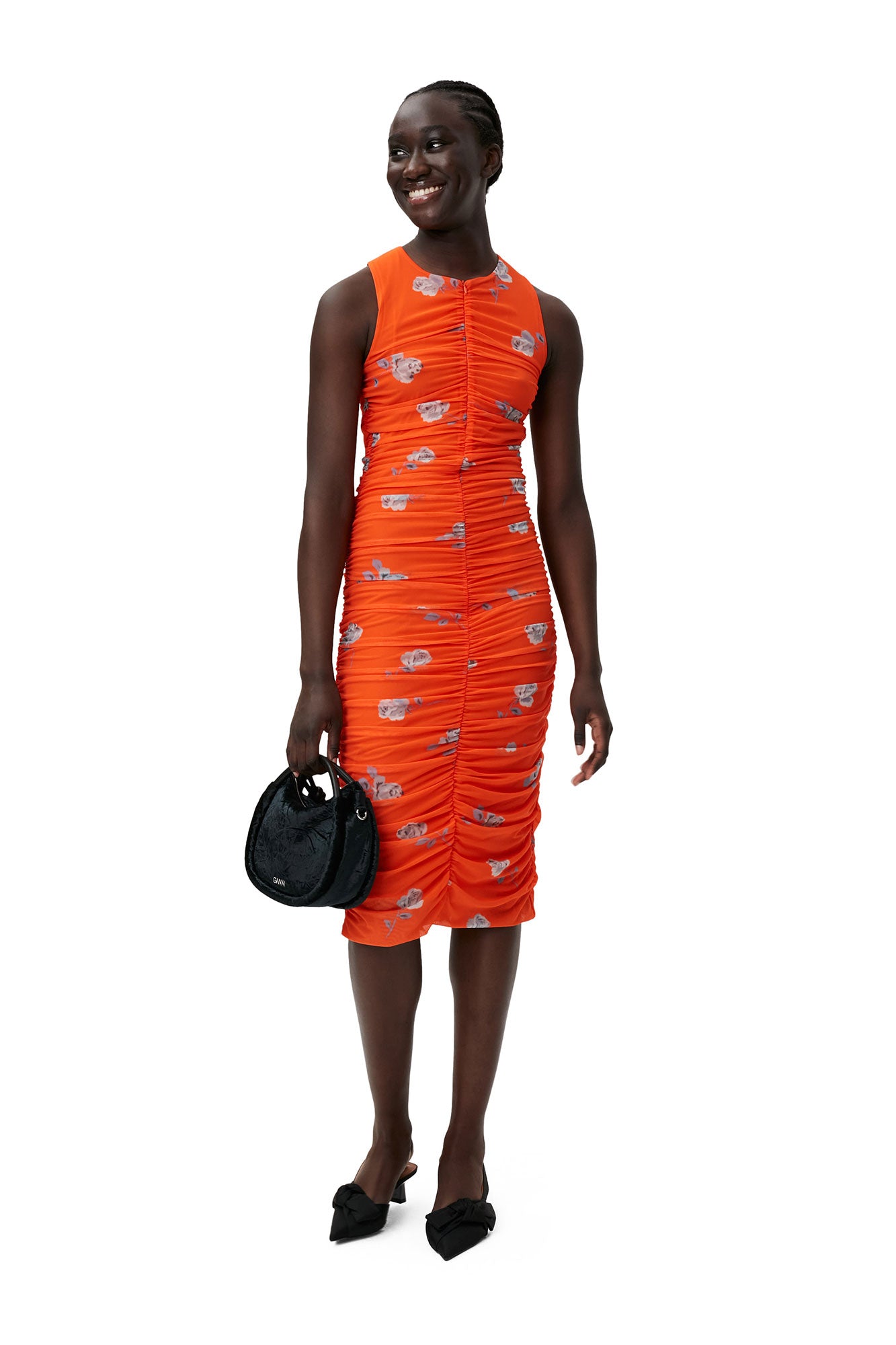 Printed Ruched Mesh Midi Dress | Orangeade