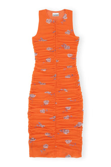 Printed Ruched Mesh Midi Dress | Orangeade