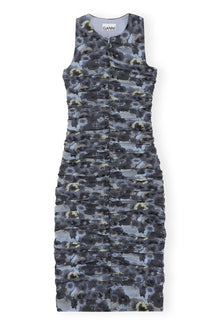 Printed Ruched Mesh Midi Dress | Brunnera Blue