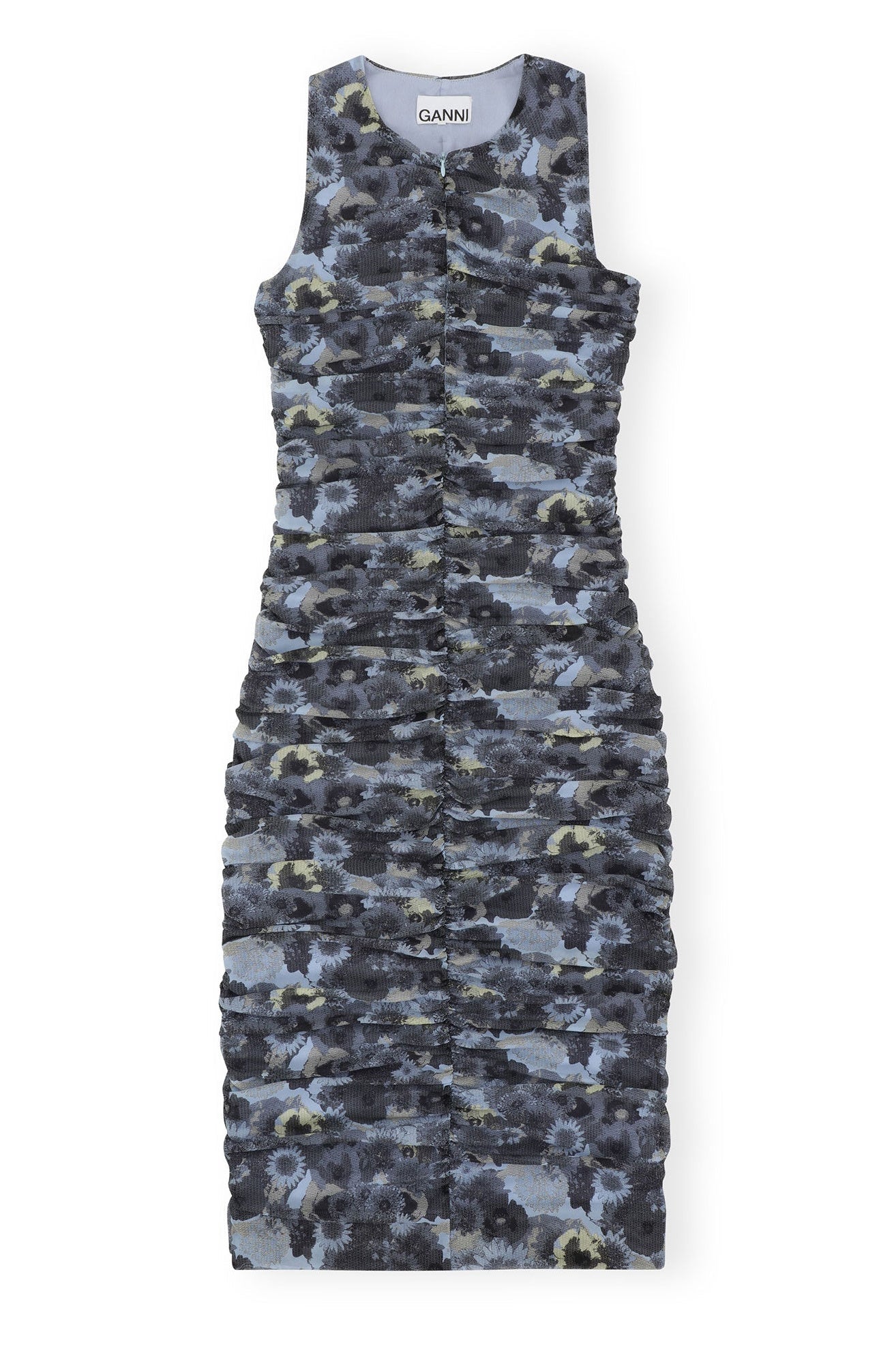 Printed Ruched Mesh Midi Dress | Brunnera Blue