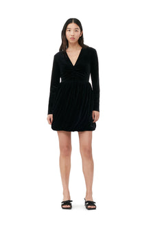 Velvet Jersey Balloon Mini Dress | Black