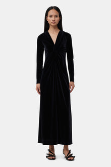 Velvet Jersey Twist Long Dress | Black
