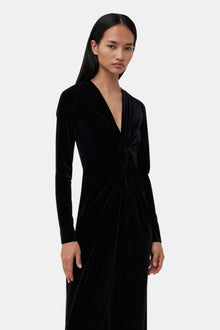 Velvet Jersey Twist Long Dress | Black