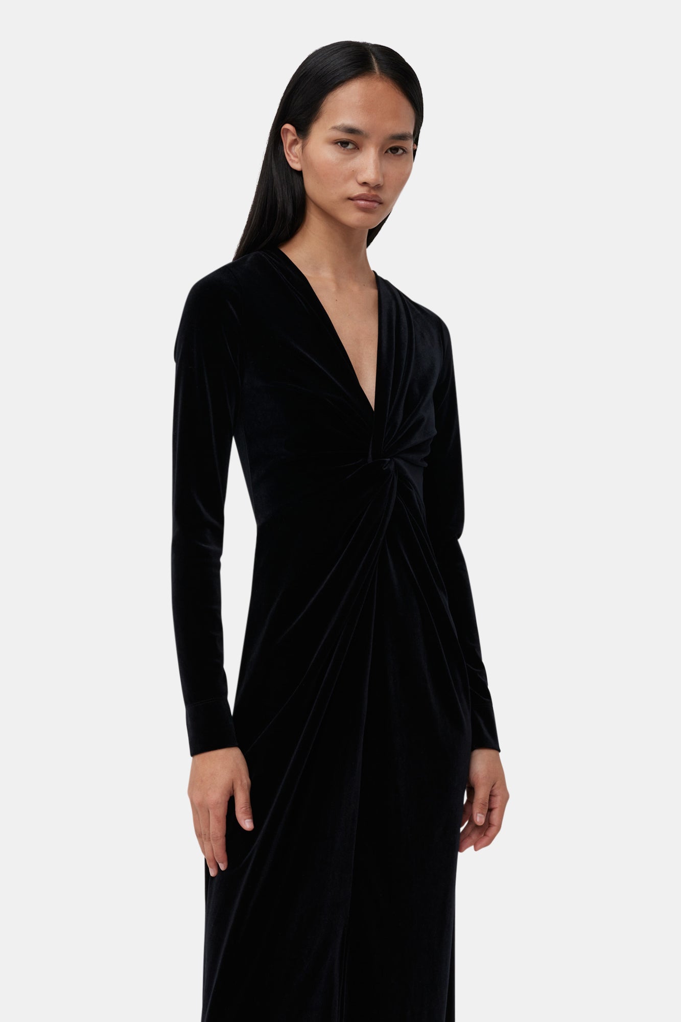 Velvet Jersey Twist Long Dress | Black