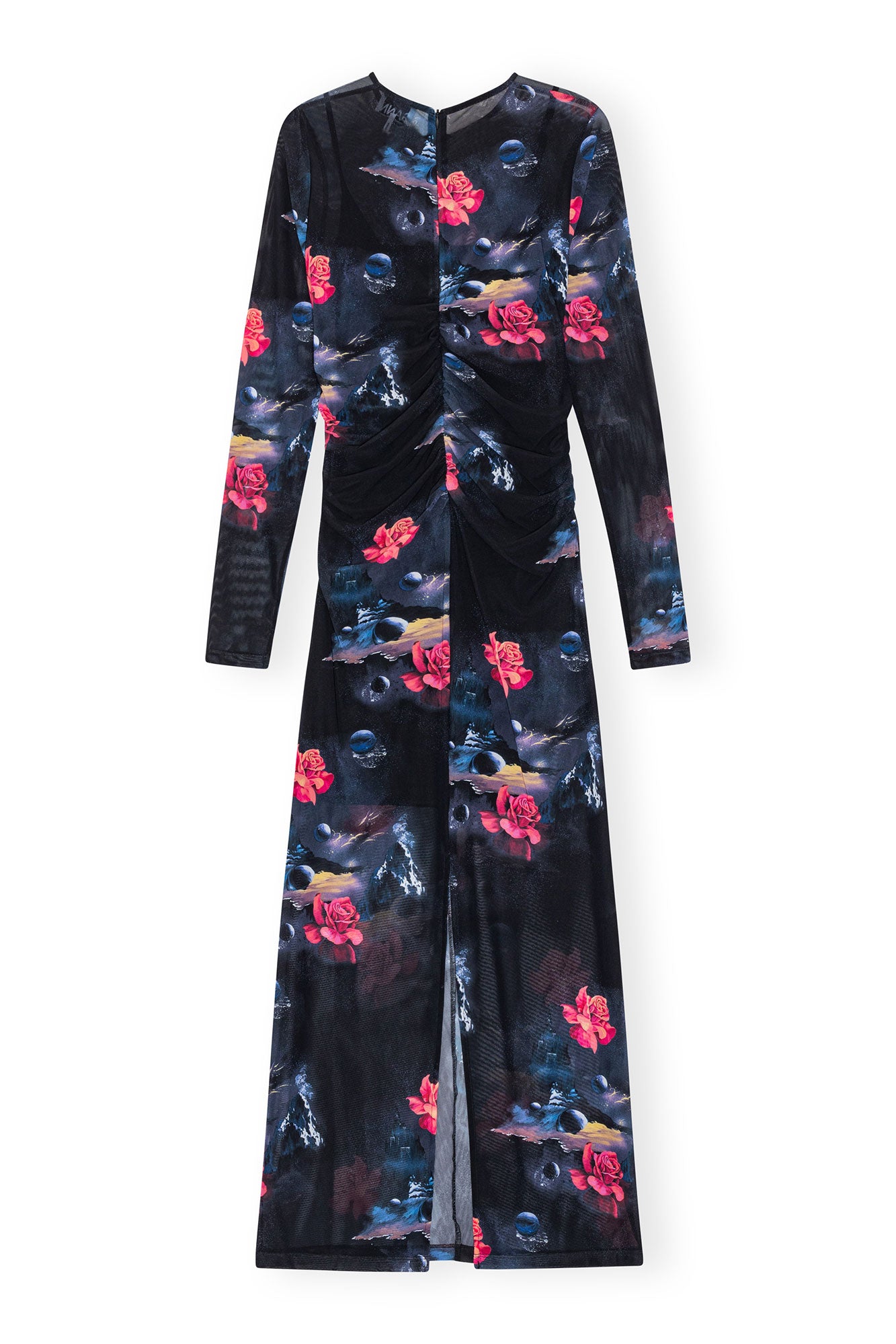 Printed Mesh O-Neck Ruched Long Dress | Black