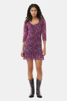 Printed Mesh Flounce Ruched Mini Dress | Fiji Flower